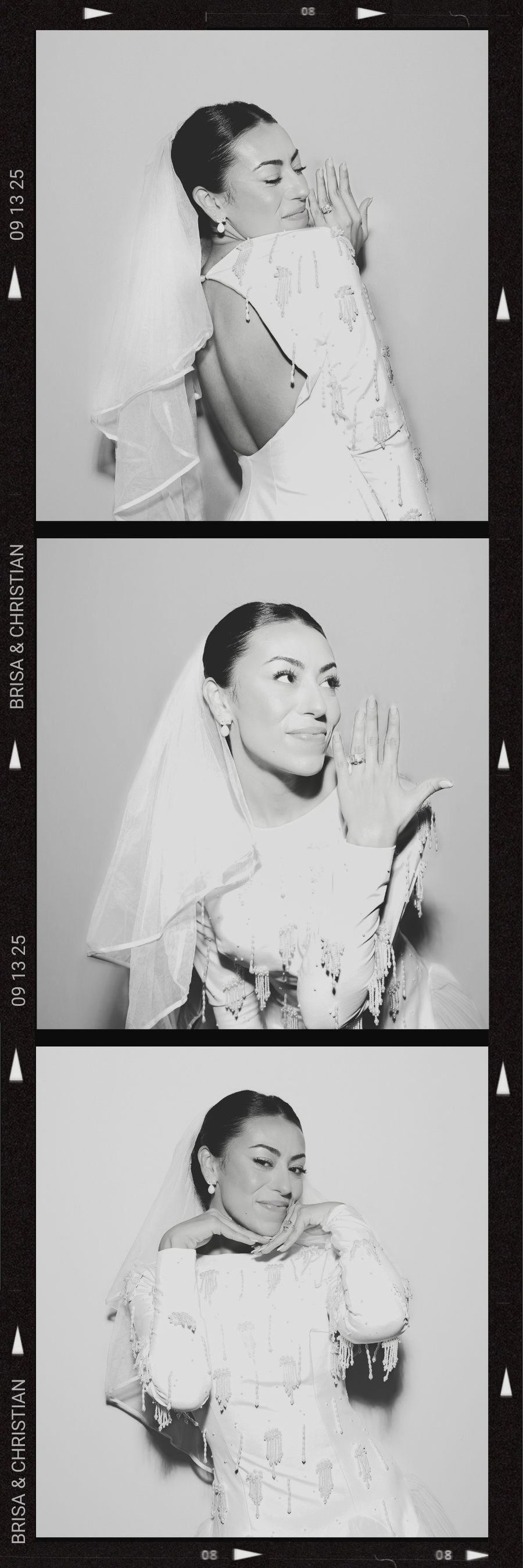Black and white photo booth strip of a bride in a wedding dress, veil, and earrings, showing three different poses with her hand near her face or head, smiling and looking in various directions.