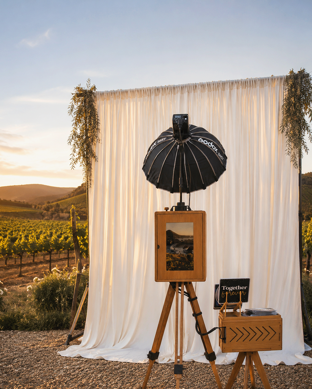 A photography setup with a backdrop in a vineyard setting, including a camera on a tripod, a large umbrella light, and a wooden box with a sign that says 'Together forever'.