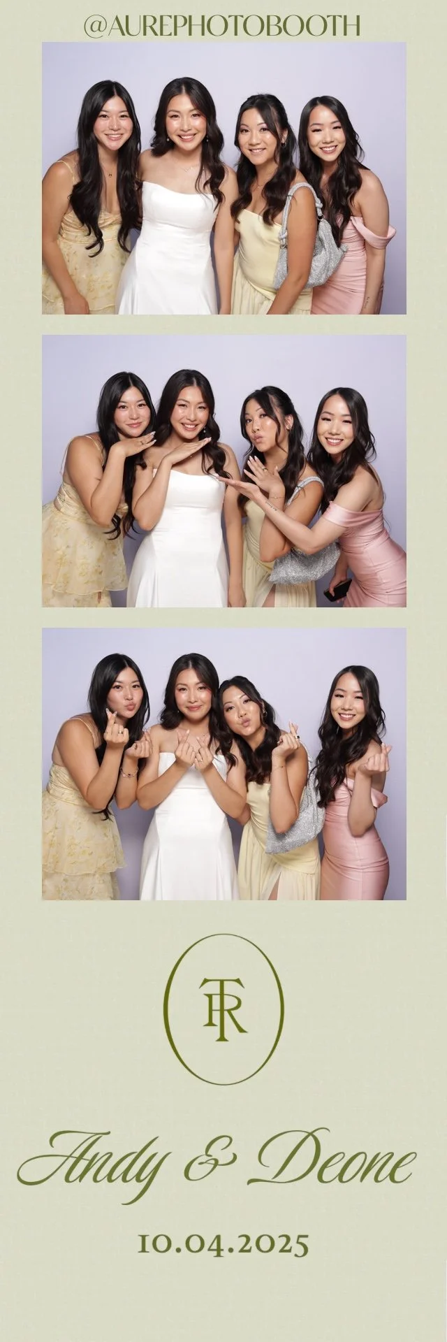 Photo booth strip featuring four women at a wedding or special event, with the names "Andy & Deone" and date "10.04.2025," in front of a light background. The women are dressed in formal attire, posing in three different fun and affectionate poses.