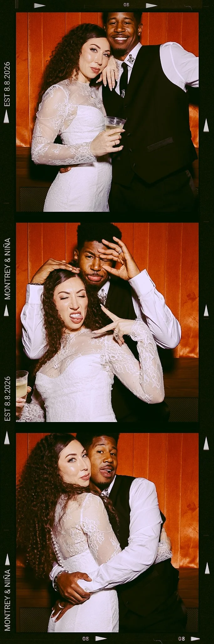 Three photo booth strips featuring a woman in a white lace dress and a man in a black vest and white shirt. In the first strip, they are smiling and posing with drinks, in the second strip, they are making playful and silly faces, and in the third strip, they are hugging, looking at the camera, and showing affection against a wooden background.
