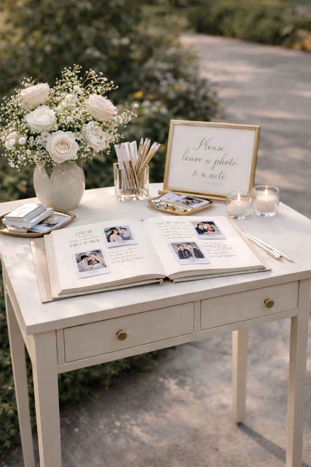 A guest book table decorated with white roses, candles, and a sign that says 'Please leave a photo & a note.' It includes Polaroid pictures, pens, and a small tray of photo stickers.
