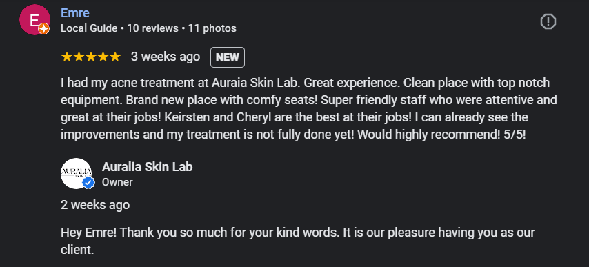 Google review from a client about acne treatment at Auralia Skin Lab