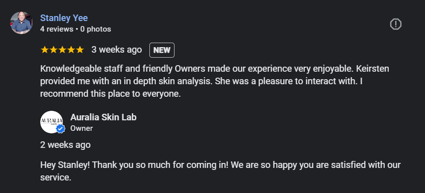 客戶在Google評論中讚揚歐芮麗雅員工與肌膚分析服務的截圖