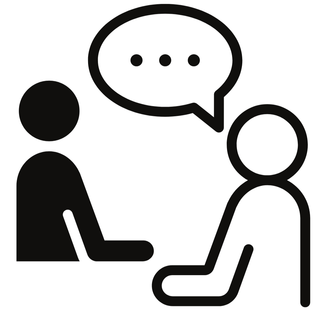 Two people sitting and talking, with a speech bubble containing ellipsis between them.