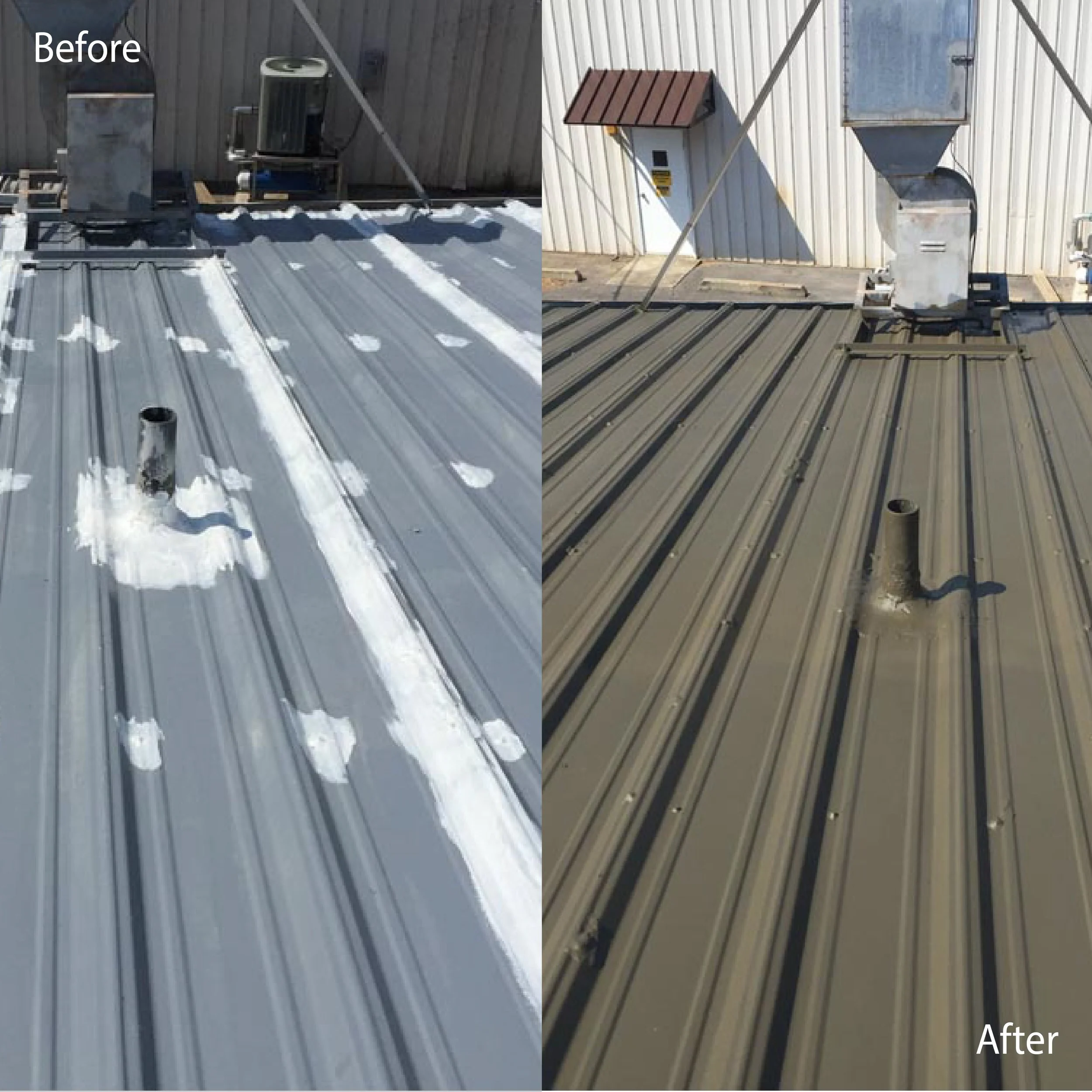 Comparison of a metal rooftop before and after cleaning. The 'Before' side shows the rooftop with dirt, debris, and snow, while the 'After' side is clean and free of snow or dirt.