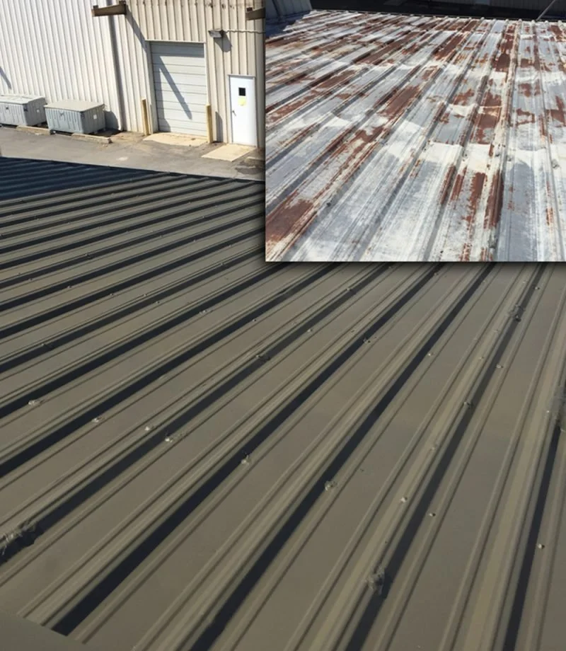 A newly installed beige metal roof and an inset image showing an older rusted metal roof.