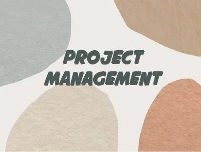 Text reading 'Project Management' on a background with abstract pastel-colored shapes