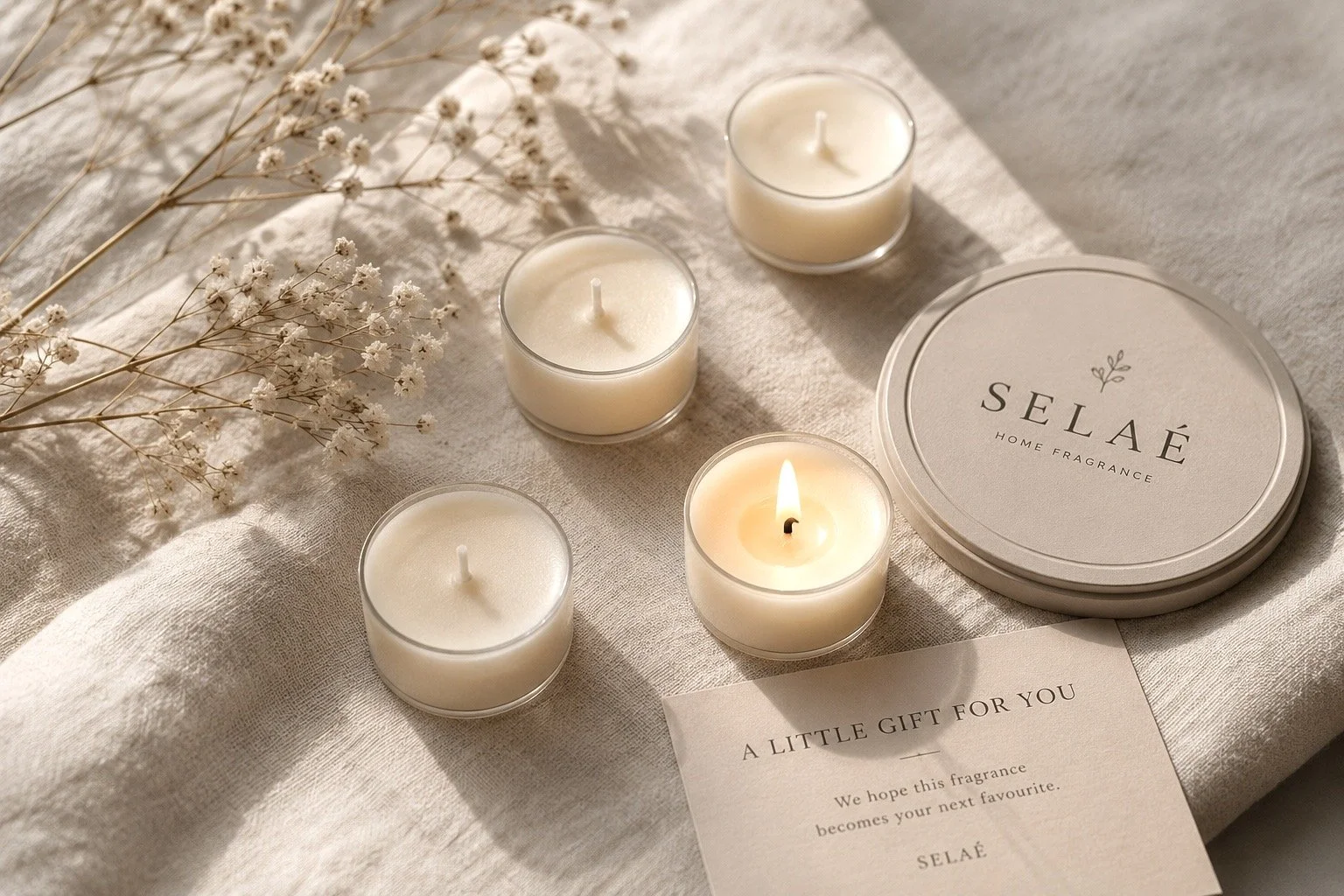 Complimentary SELAÉ tea light candles arranged on cream linen beside a branded candle lid.