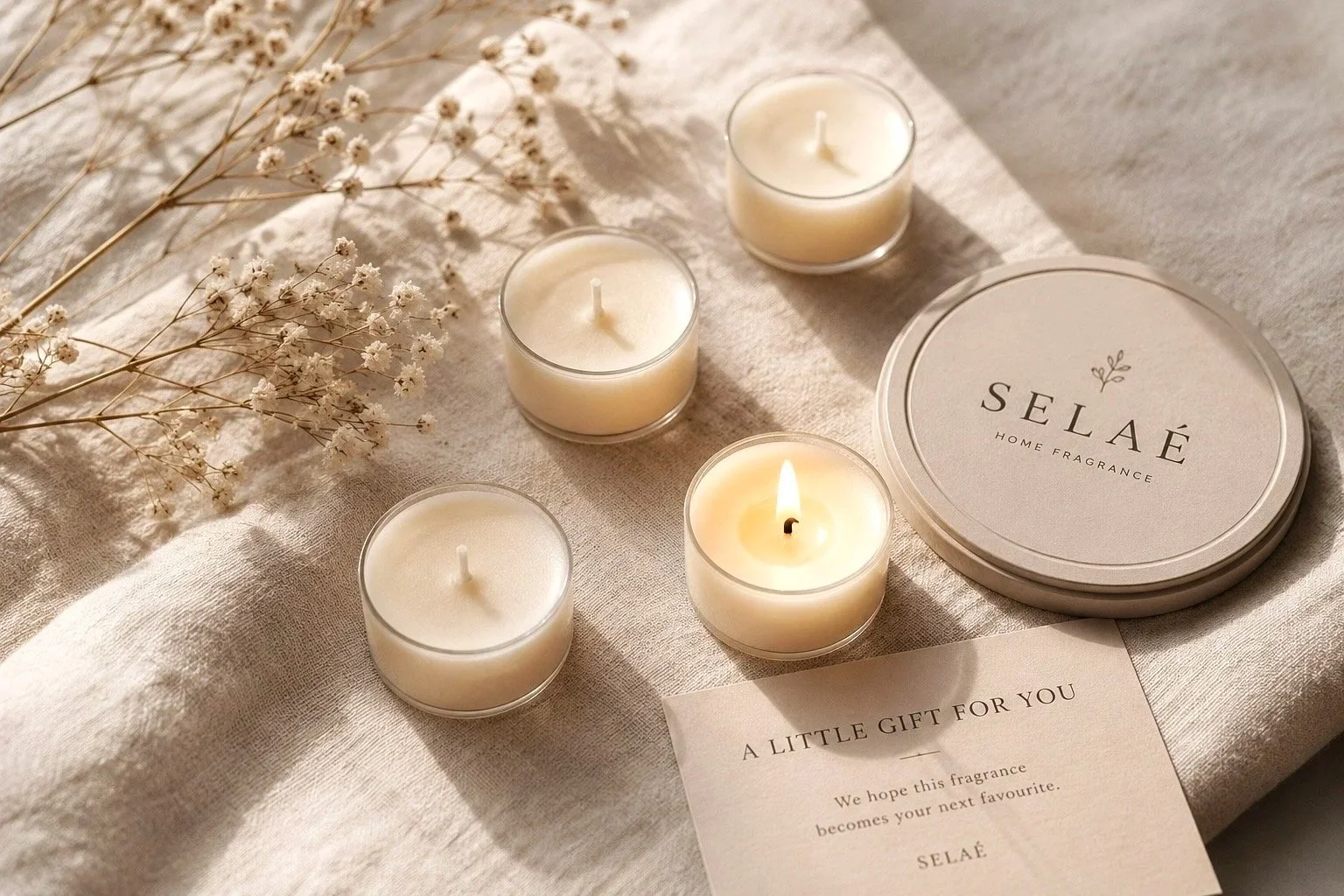 Complimentary SELAÉ tea light candles arranged on cream linen beside a branded candle lid.