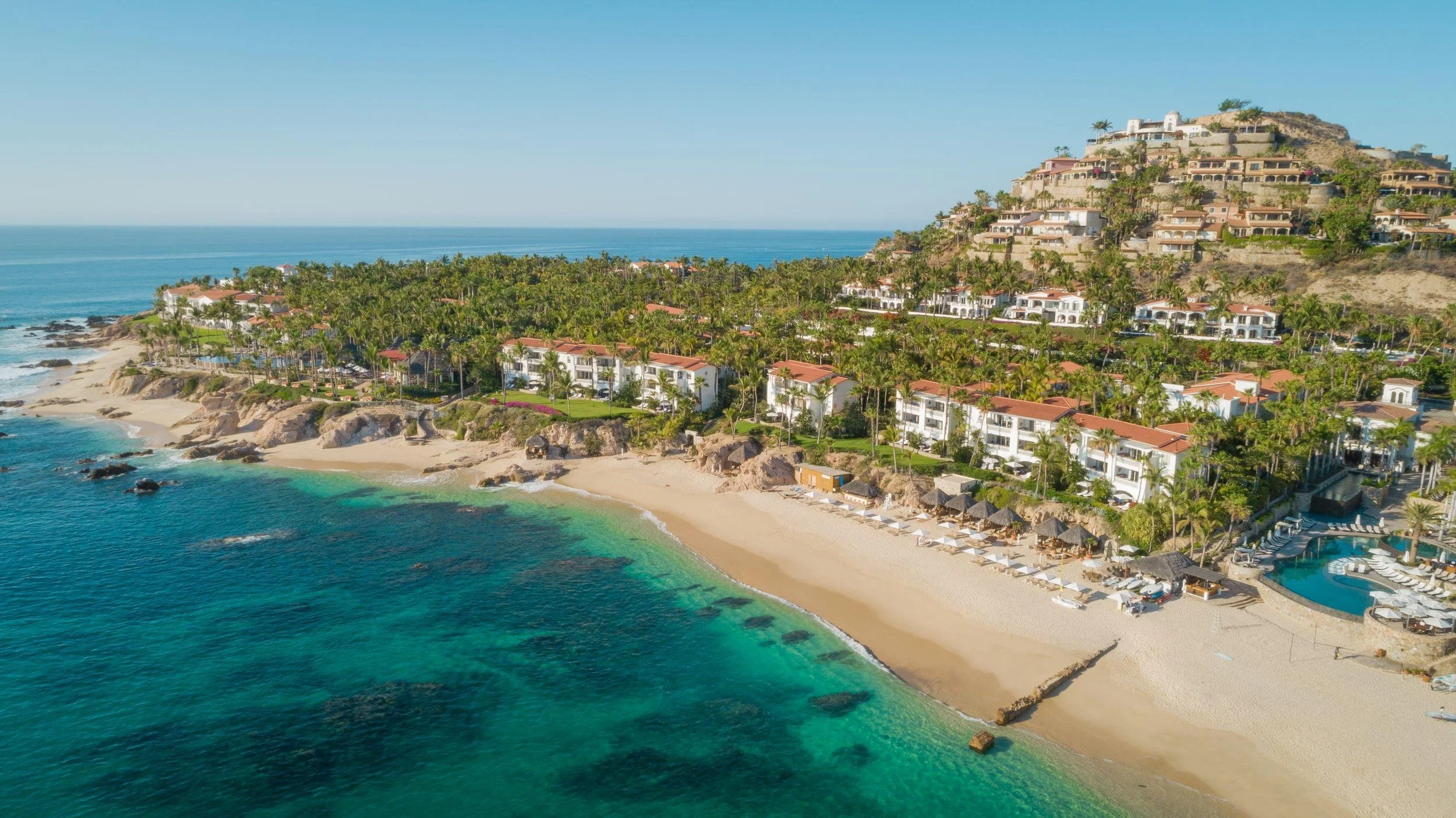 Aerial view of a beachfront resort along the Los Cabos Tourist Corridor