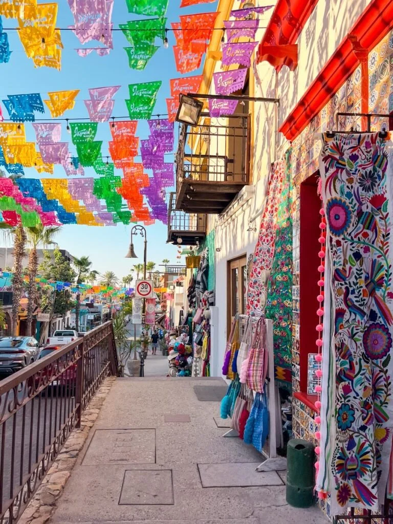 Colorful street in San Jose del Cabo with local shops and papel picado