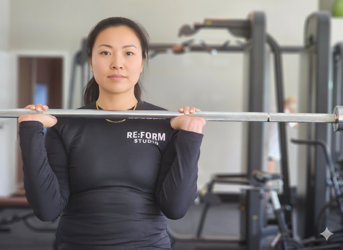 En kvindelig person, der står i et fitnesscenter og holder et vægtstang på skuldrene.