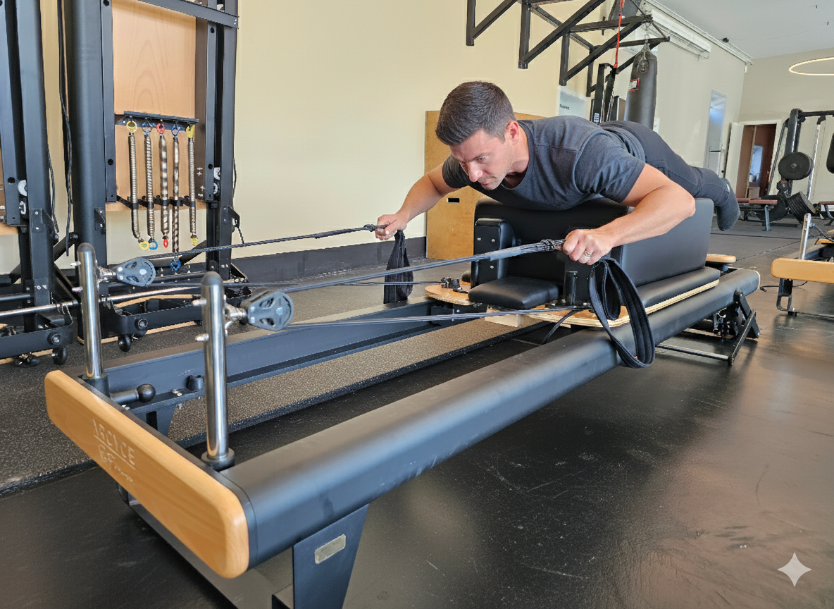 Mand bruger en rehabiliterings- eller træningsmaskine, der ligner en specialbygget træningsbord med reb, i et fitnesscenter.