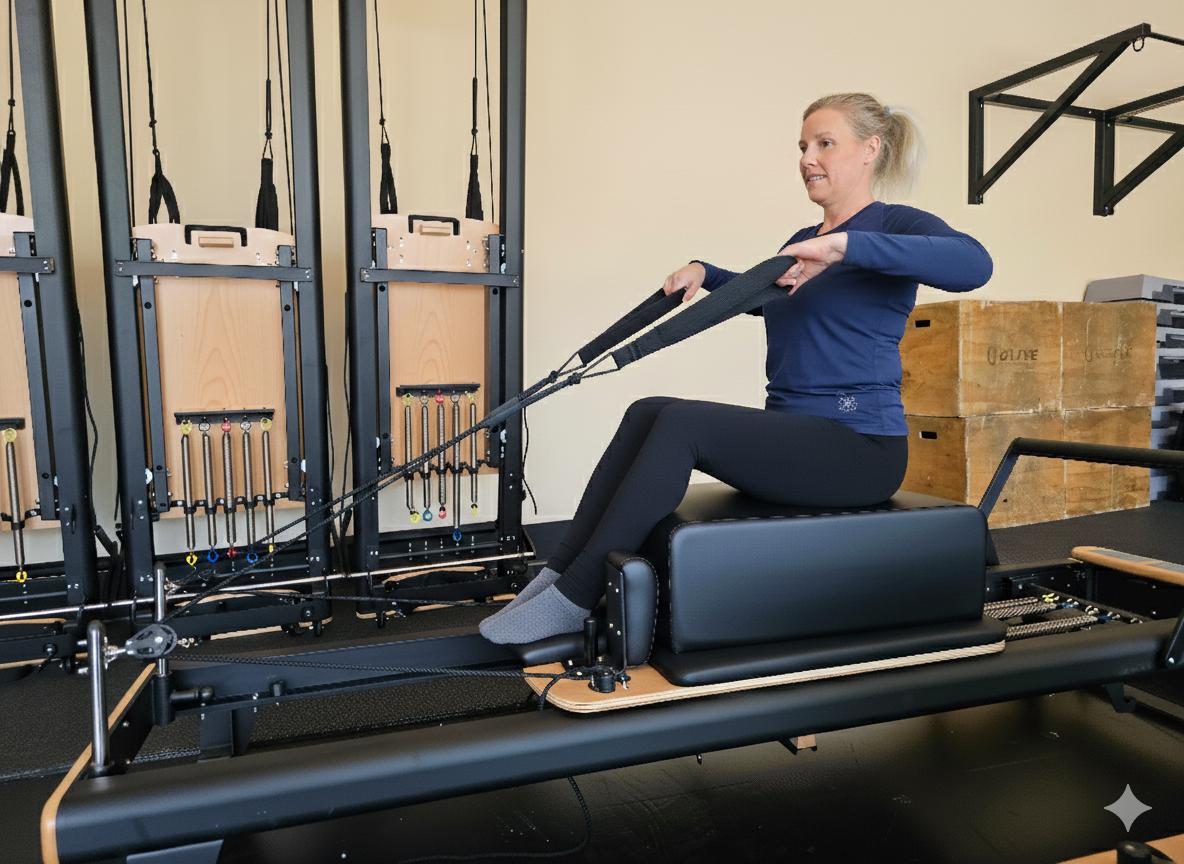 Kvindelig person sidder på en rehabiliterings- eller fitnessmaskine, der bruger modstandsbånd til træning.