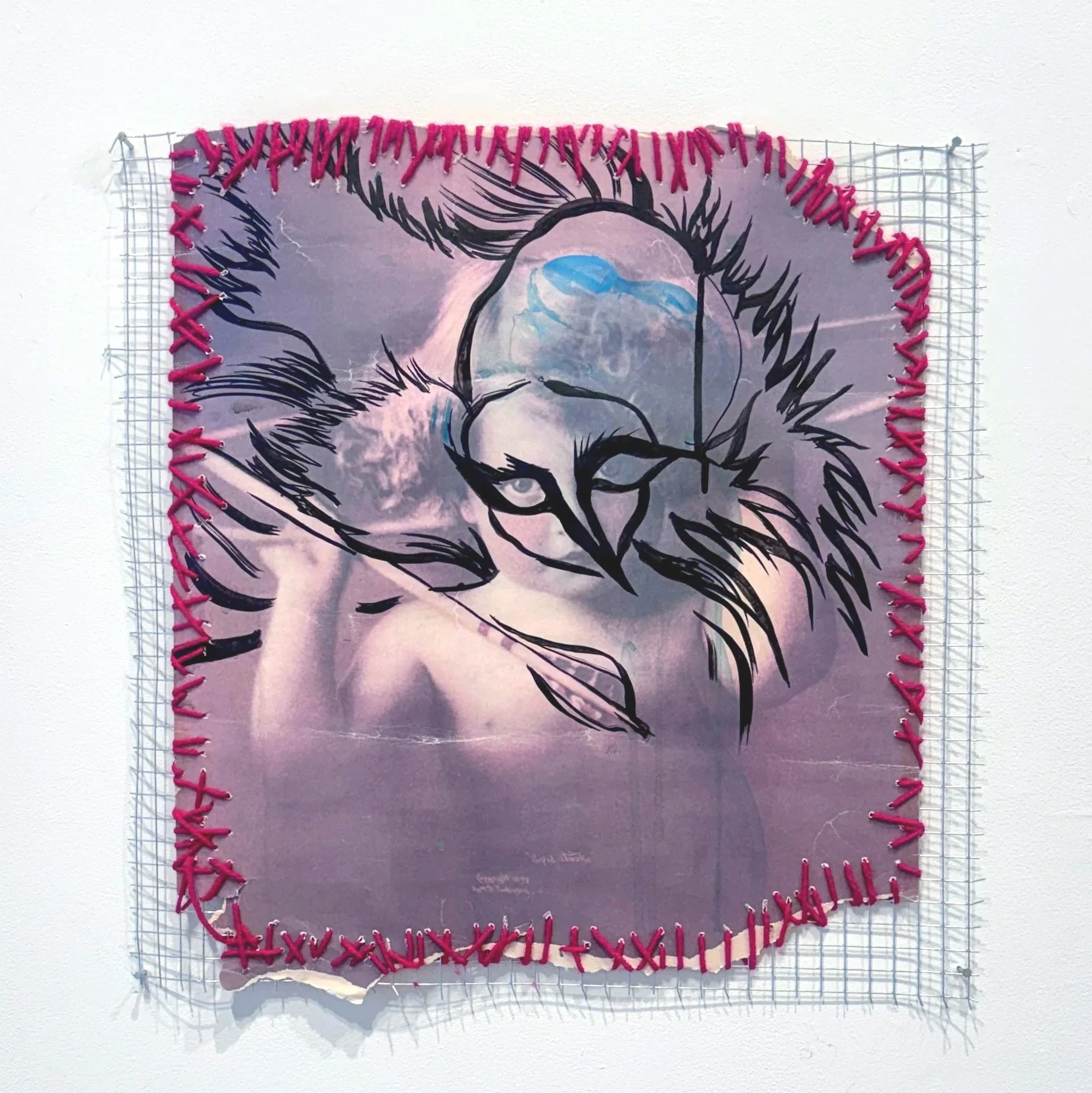 Bird Song
Chicken wire, found poster, yarn, India ink
30 x 30 in
2026