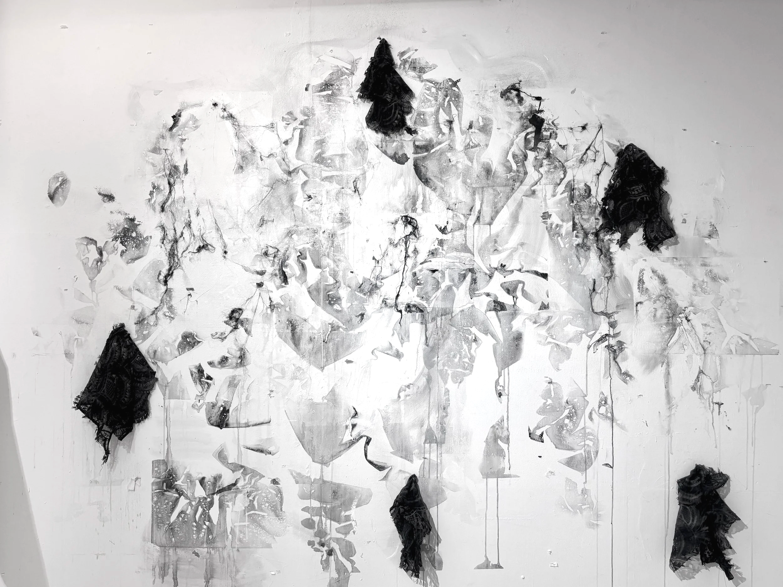 Installation Shot, School of Visual Arts, New York New York 
 India ink, silk, lace, paint, rice paper
Dimensions variable
2026