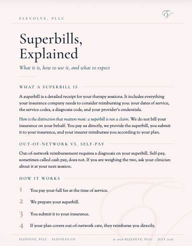 Preview of the free Superbills, Explained guide from EleVolve, a step-by-step resource for using your out-of-network therapy benefits