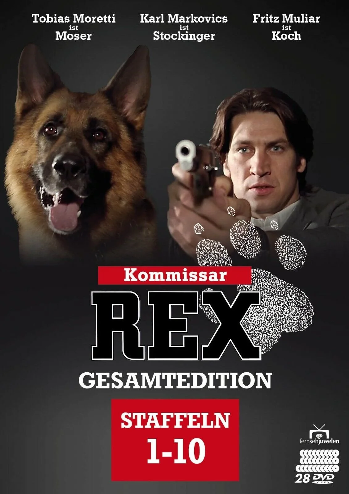 Movie poster for 'Rex,' featuring a German Shepherd dog on the left and a man holding a gun pointing towards the camera on the right. The poster includes titles and release information in German, with the dog's name 'Tobias Moretti,' and the man 'Fri