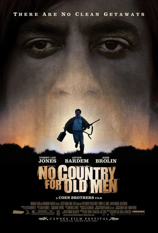 Movie poster for 'No Country for Old Men' featuring a close-up of a man's face in the background, with a silhouette of a man running with a shotgun and briefcase in the foreground.