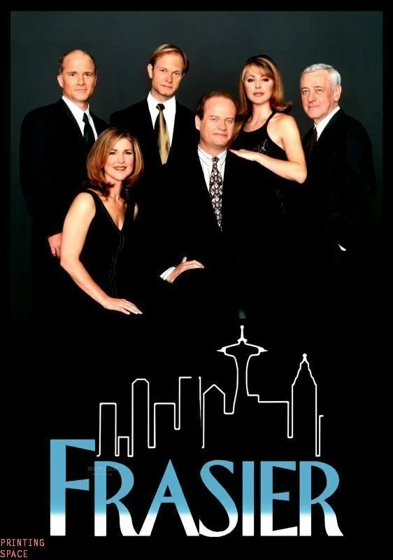 Photo of six people dressed in formal attire against a dark background, with a stylized skyline and the word 'FRAISER' at the bottom.