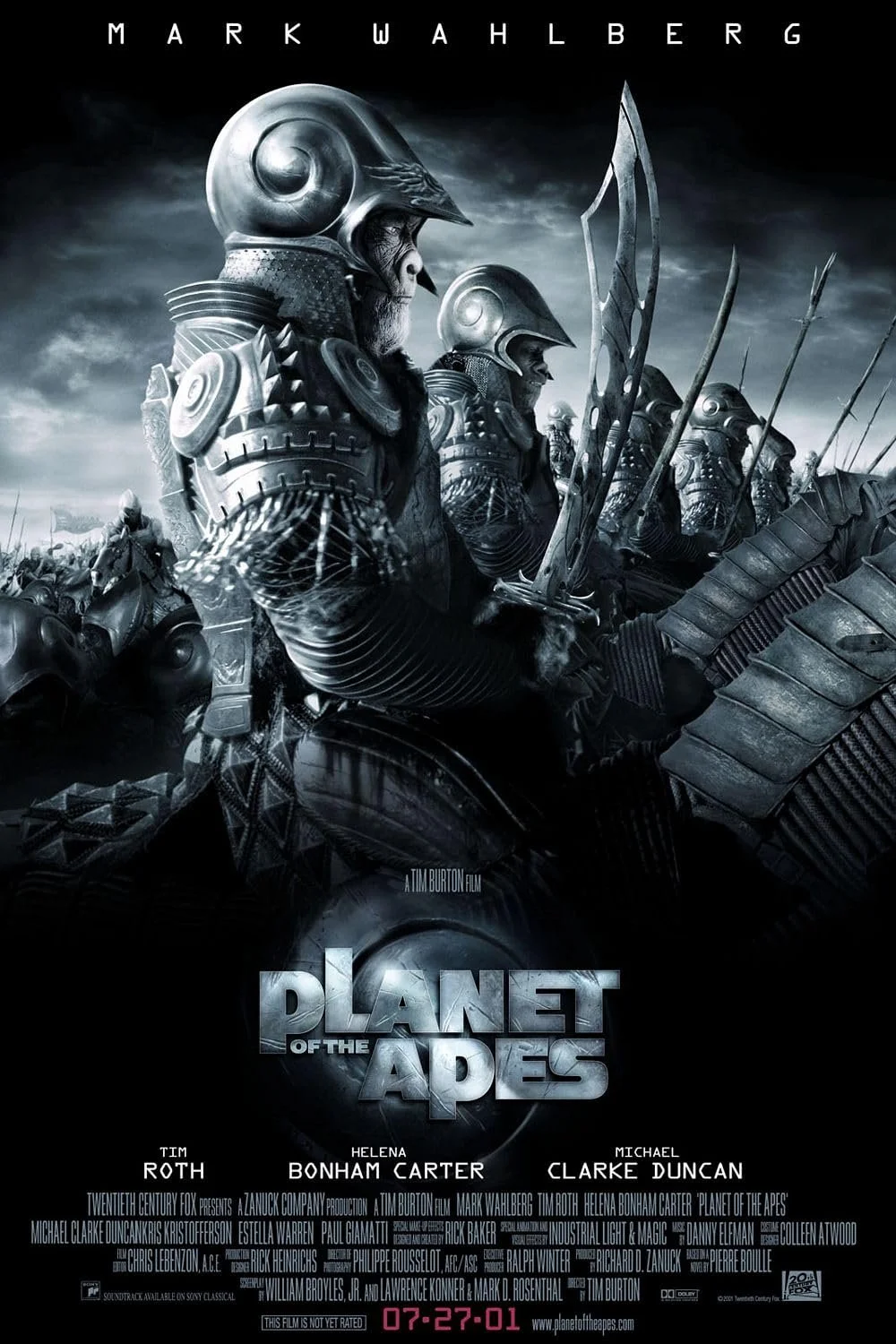 Poster for the movie 'Planet of the Apes' featuring soldiers in armor with ape faces, wearing helmets and lined up on horseback, holding spears. The background is dark and cloudy.