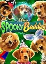 Promotional poster for Disney's 'Spooky Buddies' featuring seven puppies dressed in Halloween costumes, with a green background and spooky elements.