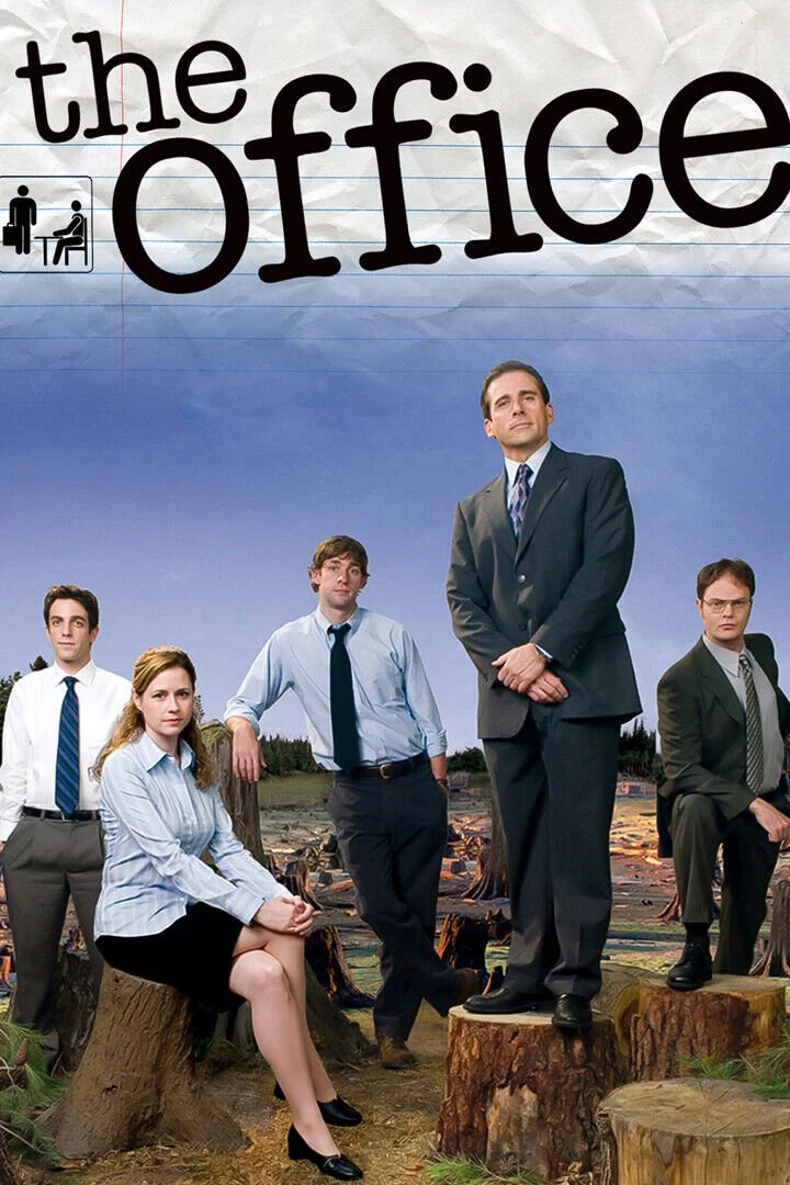 Promotional poster for the TV show 'The Office' featuring five main characters in business attire with a background of a forest with cut trees, under a partly cloudy sky.