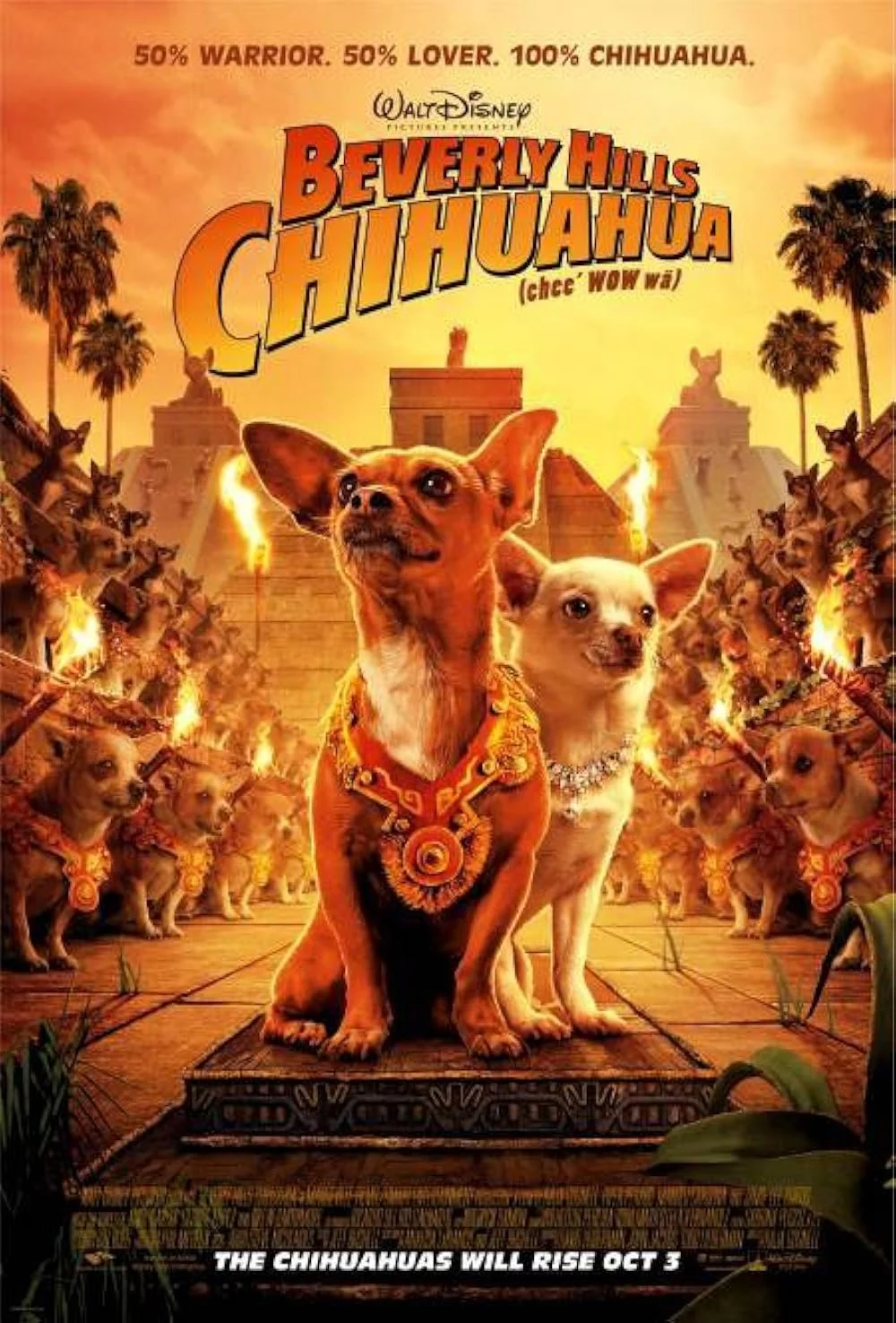 A promotional poster for the movie 'Beverly Hills Chihuahua' features two Chihuahua dressed regal, sitting on a decorated pedestal in the foreground. The background shows a row of Chihuahuas with fiery torches, palm trees, and ancient temple ruins, u