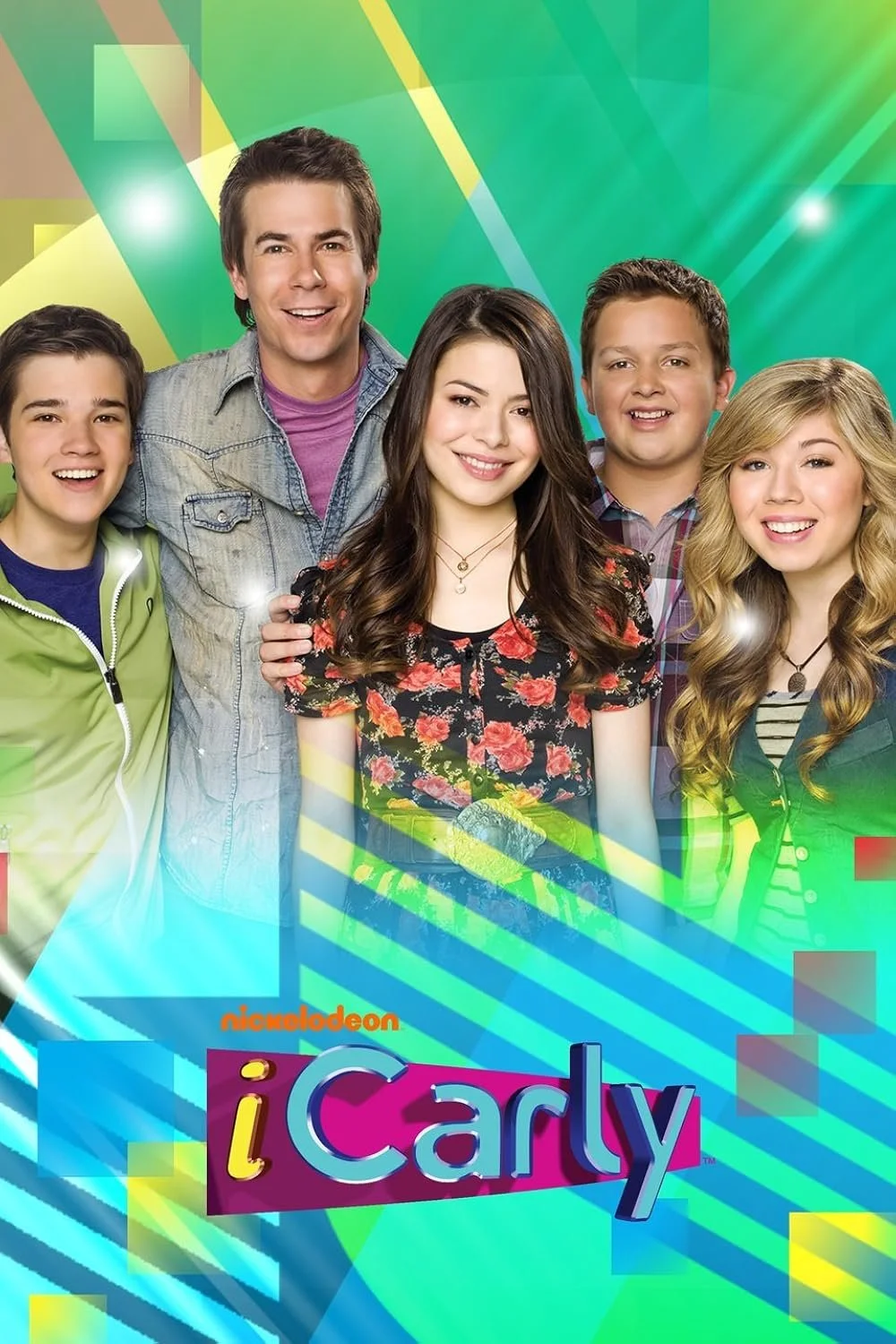 The main cast of the TV show 'iCarly' smiling together against a colorful, geometric background with the show's logo at the bottom.