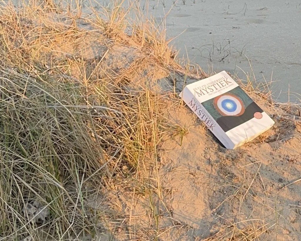 Een boek met de titel 'Mystiek' ligt op een zandstrand naast wat gras en een lichaamswater in de buurt.