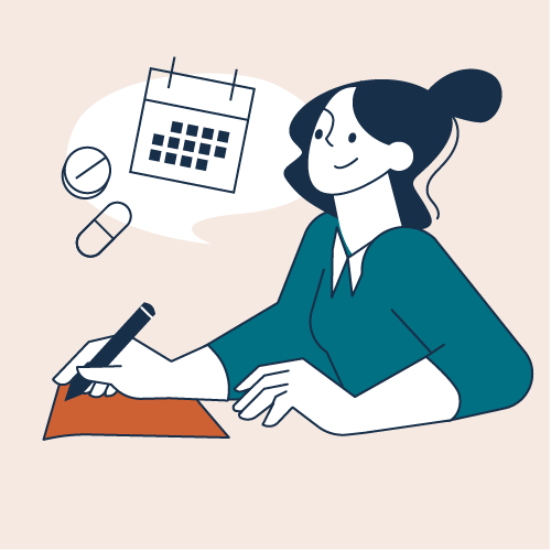 A woman sitting at a desk writing in a notebook with a pen, surrounded by a calendar, pills, and a tablet.