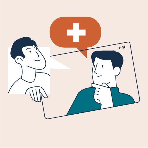 Illustration of a person talking to a healthcare professional over a video call, with a medical cross symbol in a speech bubble.