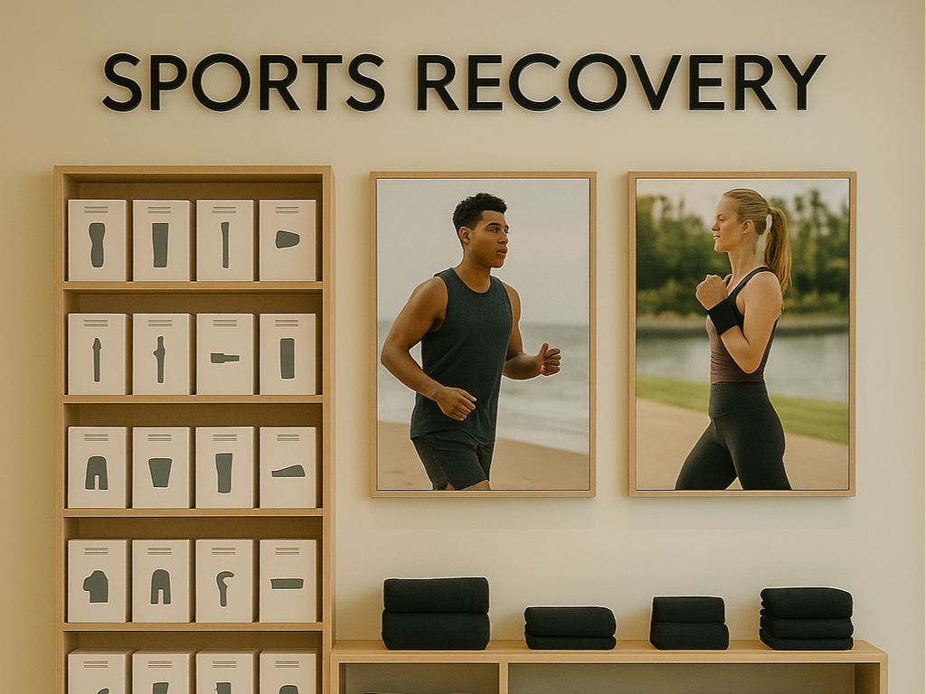 Interior of a sports recovery center with a sign reading 'SPORTS RECOVERY'. There are framed photographs of athletes running by the beach on the wall, a storage unit with boxes of sports braces or wraps, and a countertop with stacked black foam or cu