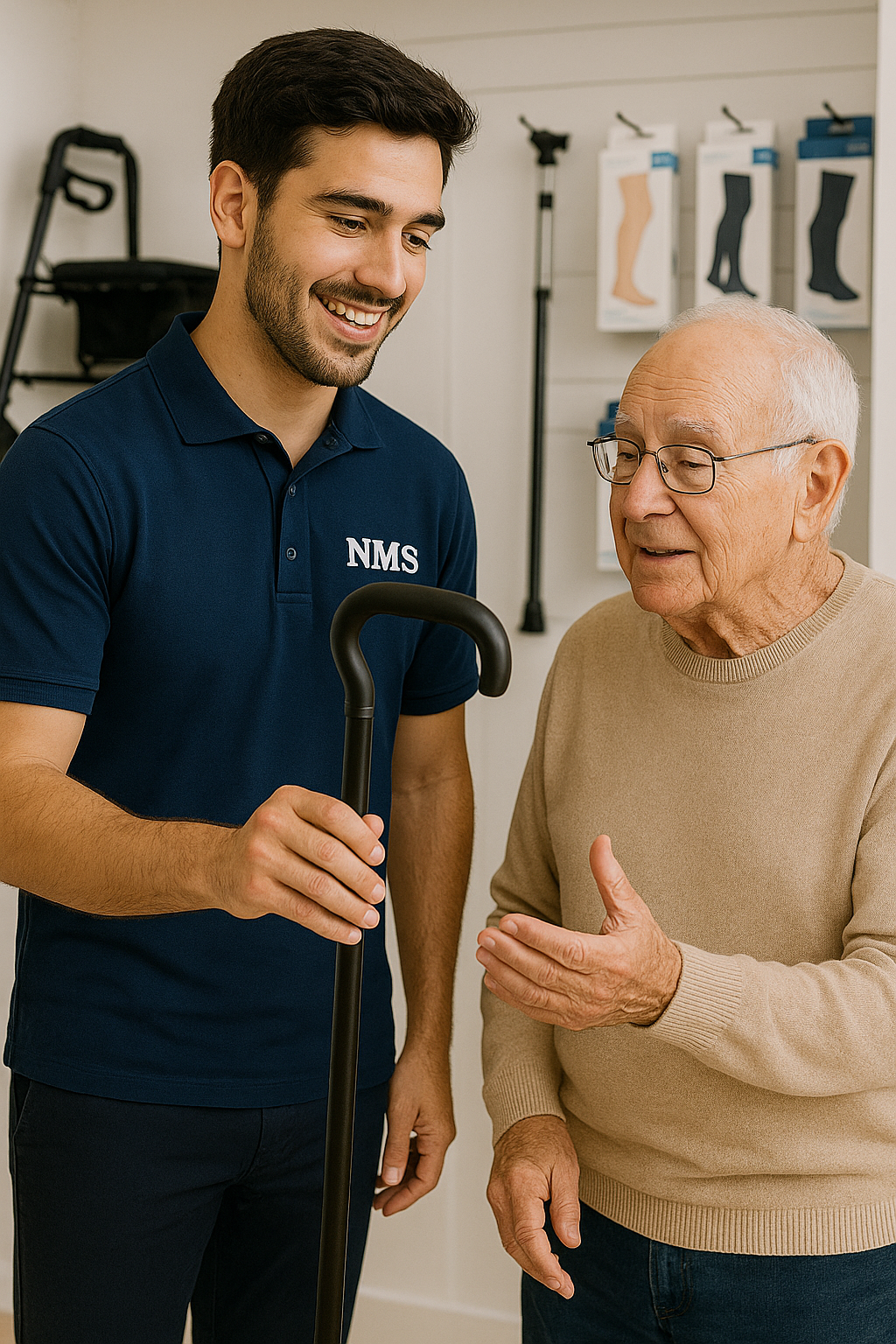 A young man with dark hair and a beard, wearing a navy blue polo shirt with 'NMS' embroidered on it, helping an elderly man with white hair and glasses, who is wearing a beige sweater. They are in a medical supply store, discussing mobility aids, with leg and sock displays in the background.