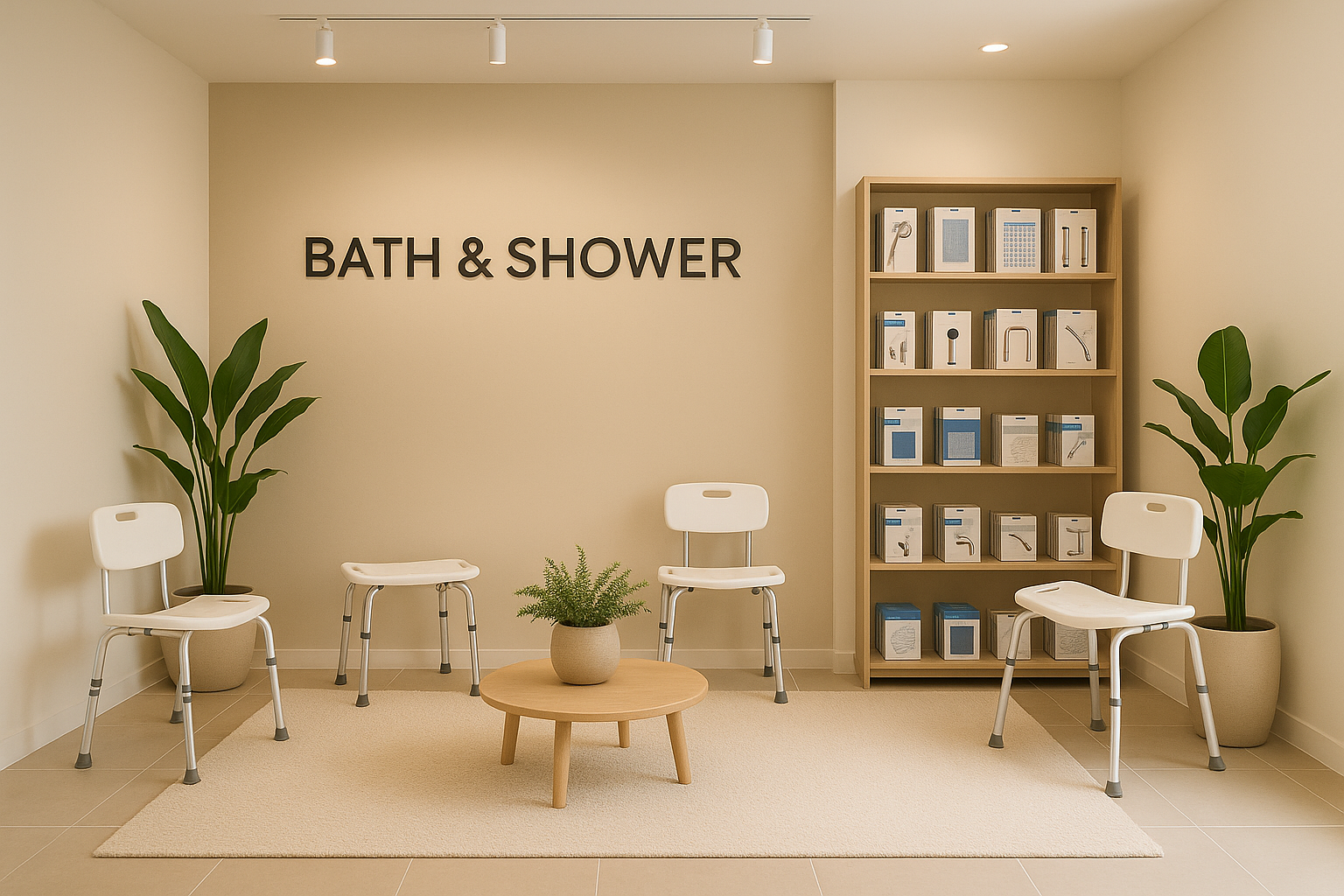 A waiting area inside a bathroom showroom with three white chairs, a small round wooden table, potted plants, and a shelving unit with bathroom fixtures and accessories. The wall has a sign that reads "BATH & SHOWER."