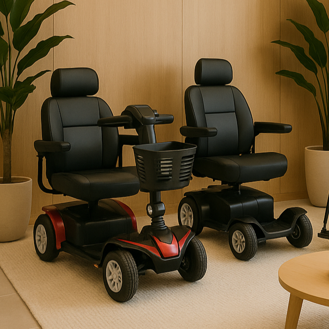 Two black mobility scooters with car seats, positioned in front of a wooden wall with green plants on either side.