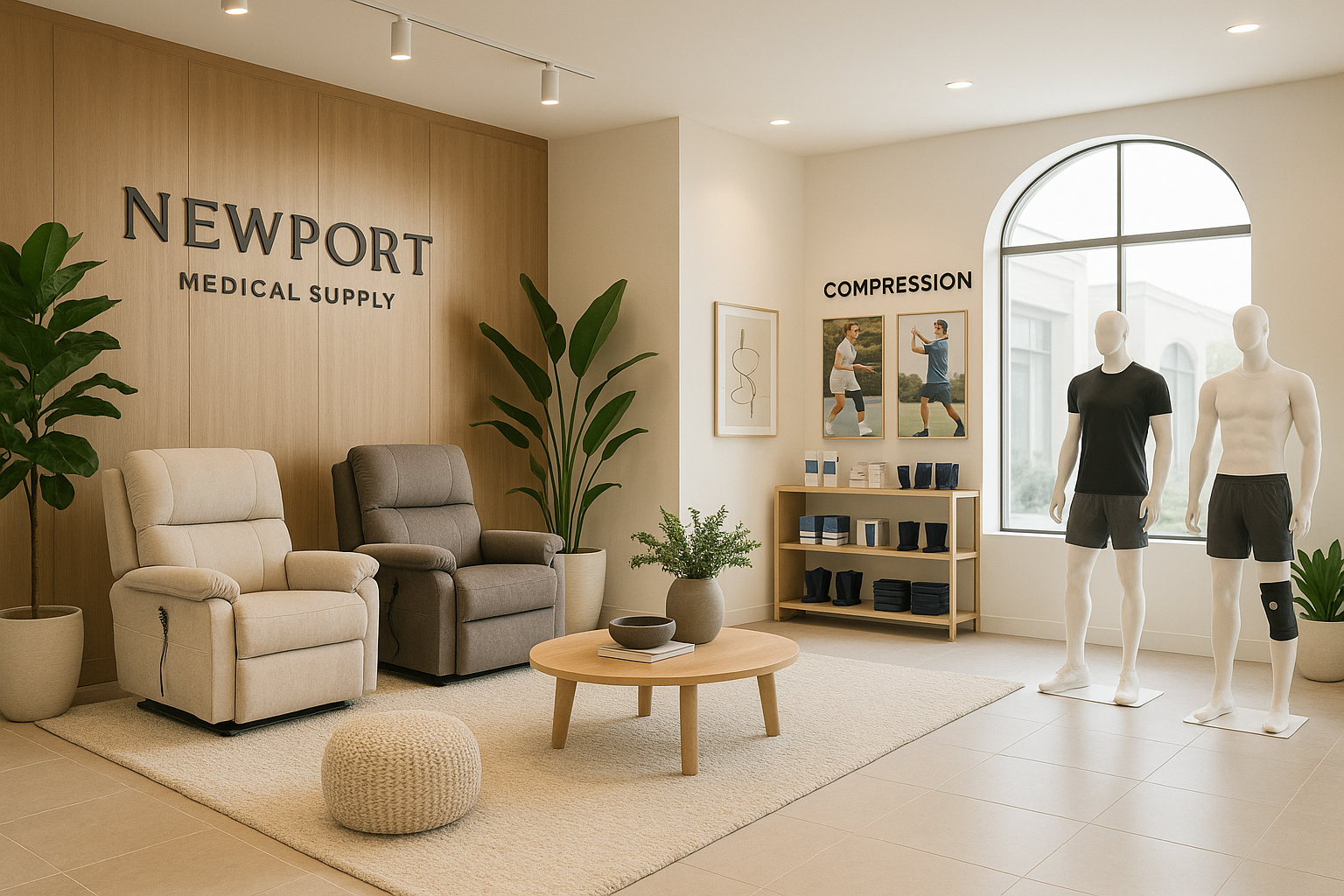 A modern medical supply store interior with a wooden wall with the sign 'Newport Medical Supply,' two recliner chairs, a round coffee table with a plant and books, mannequins in athletic wear near a large arched window, and shelves displaying various