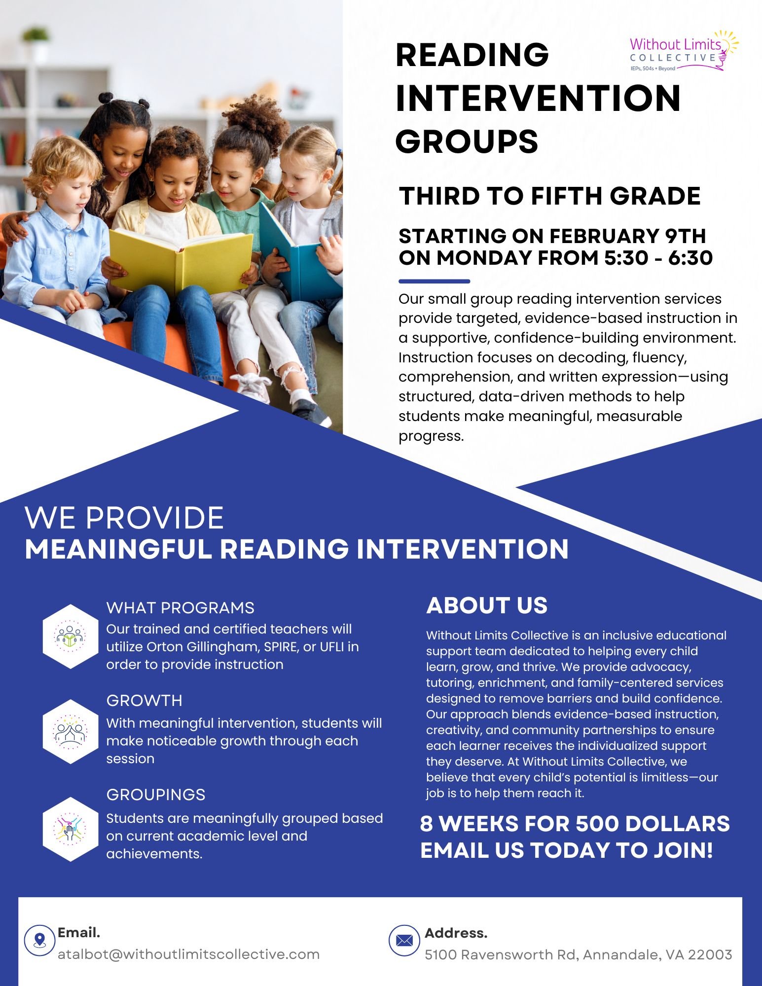 Flyer for reading intervention groups for third to fifth grade children, starting February 9th, Mondays 5:30 to 6:30, with a picture of diverse children reading in a classroom setting.