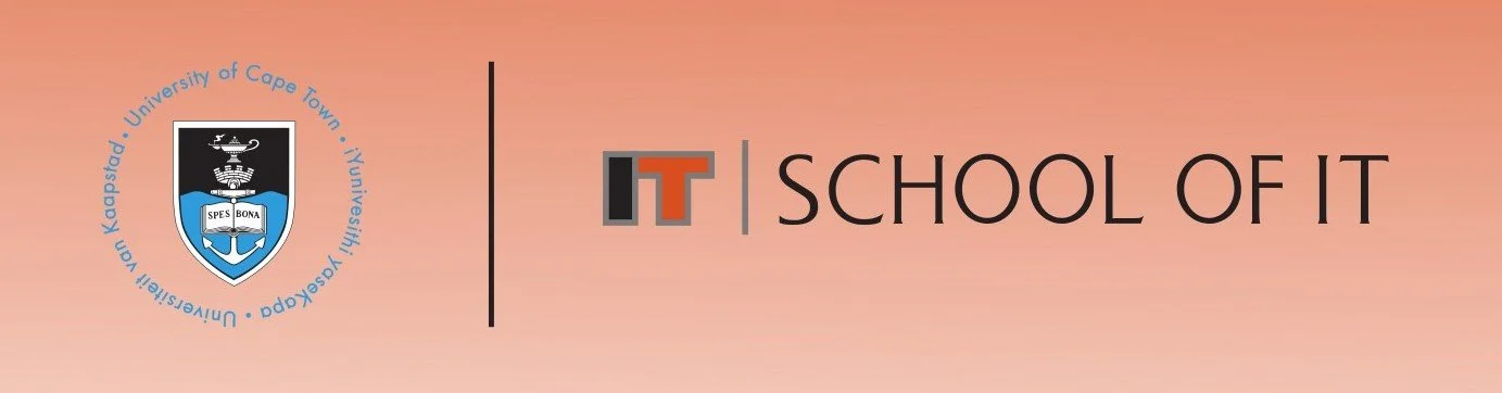 A graphic with the University of Cape Town crest on the left and the words 'IT School of IT' on the right against a pink background.