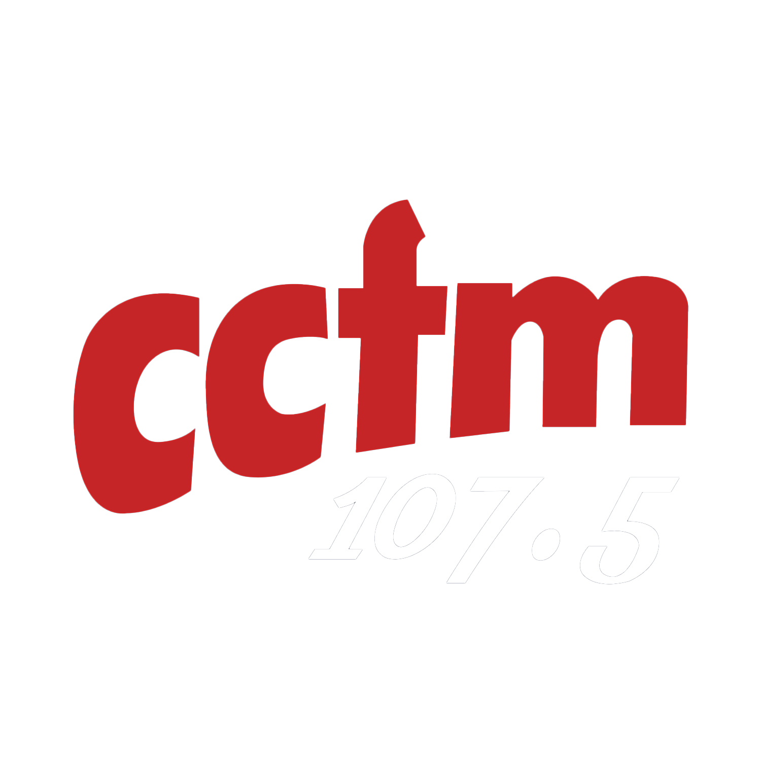 Logo of CCFM radio station with frequency 107.5 FM on a black background.