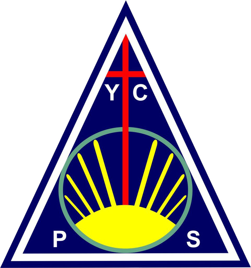 Triangular logo of Yeshua Christian Primary School featuring a yellow sun with rays, a green circle, a blue background, and red, white, and black elements including a cross and the letters 'Y', 'C', 'P', and 'S'.