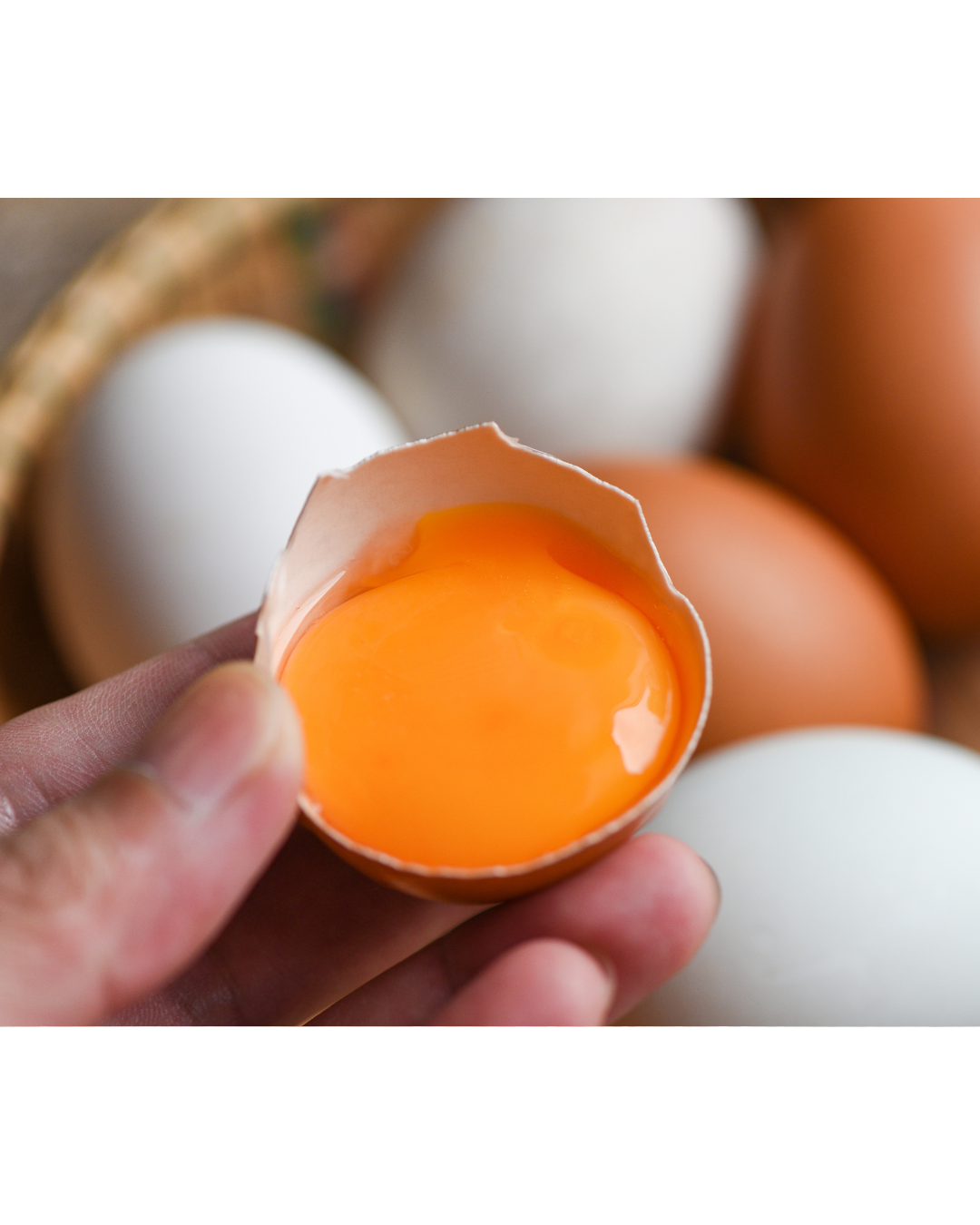 Close-up of a hand holding a cracked egg revealing a bright orange yolk, with more eggs in the background.