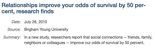 ScienceDaily headline reading Relationships improve your odds of survival by 50 percent, Brigham Young University, 2010
