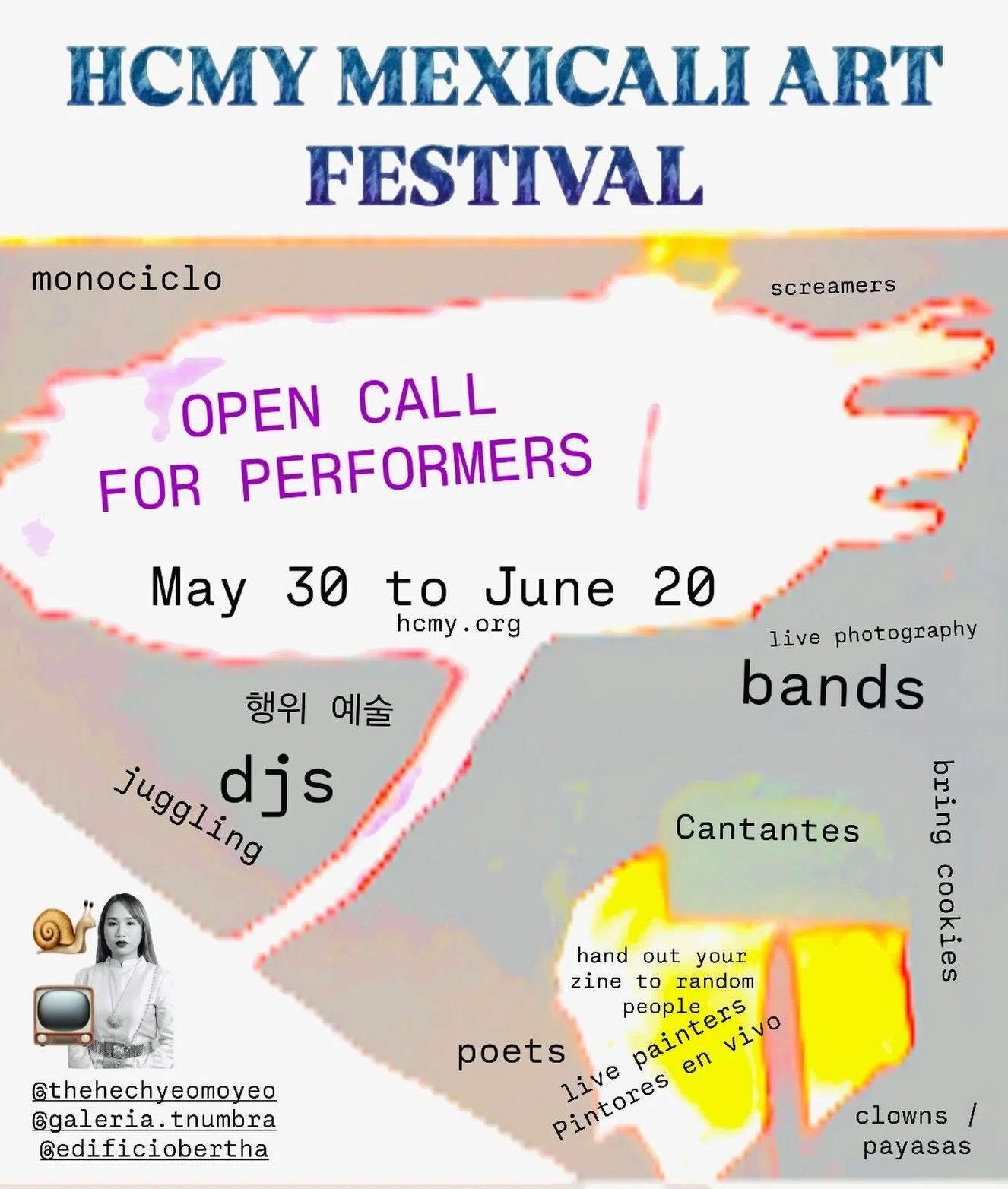 Open Call for all kinds of performers
Our art festival will host the work of over 250 artists at 
@galeria.tnumbra @edificiobertha

May 30th 2026 to June 20th 2026
We have spots for people to join and do what they do 
Send us a dm to talk and get in 