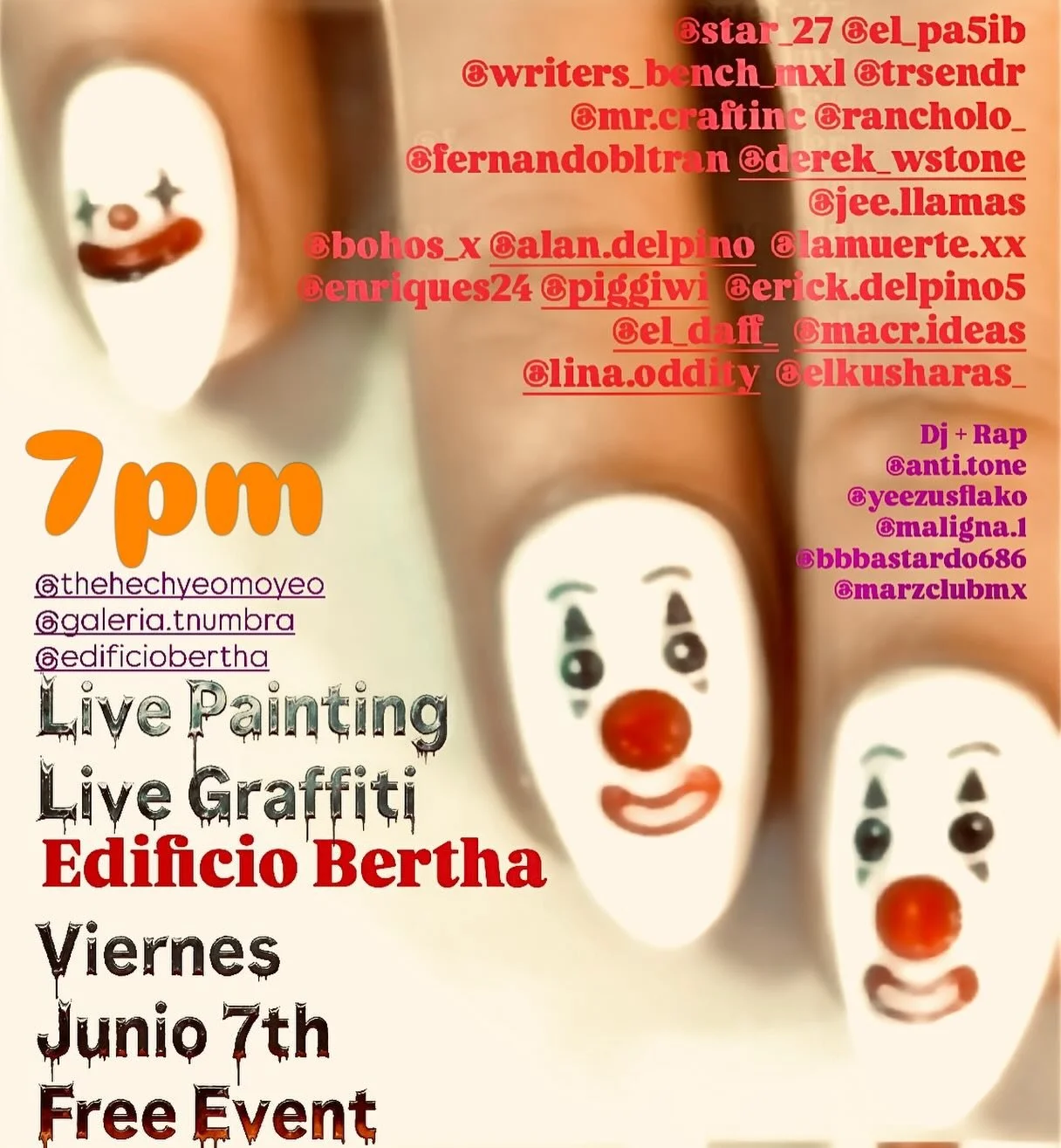 Esta noche: evento gratuito
🐌 📺 
Artistas invitados Graffiti
@star_27 @el_pa5ib
@writers_bench_mxl @trsendr
@mr.craftinc @rancholo_
@fernandobltran @derek_wstone @jee.llamas
@bohos_x
@elkusharas_

Dj set
@anti.tone
RAP
@yeezusflako
@maligna.1
@bbba