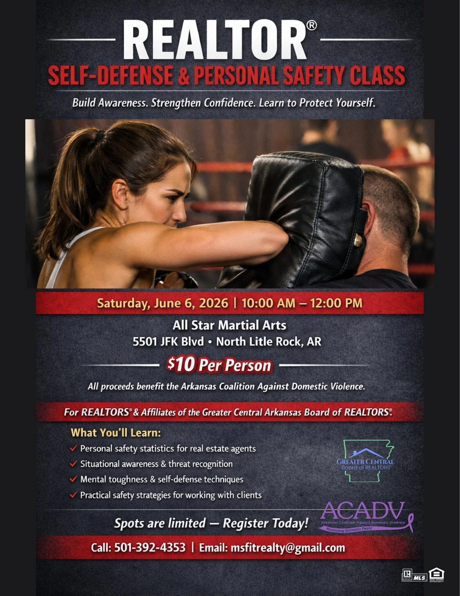💪Stay sharp. Stay safe. Stay prepared. 💪

Join us for our upcoming Self-Defense Class&mdash;designed to give REALTORS&reg; practical tools, increased awareness, and added confidence in everyday situations.

This is a great opportunity to invest in 