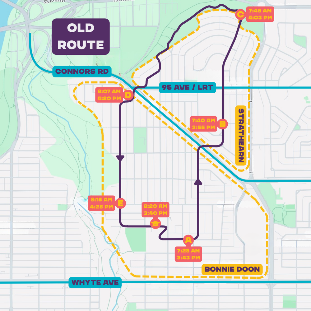 Map of the old 2025/2026 Rutherford bike bus route with six meeting zones, including a northern loop through Strathearn and a stop at Connors Road and 95 Ave.