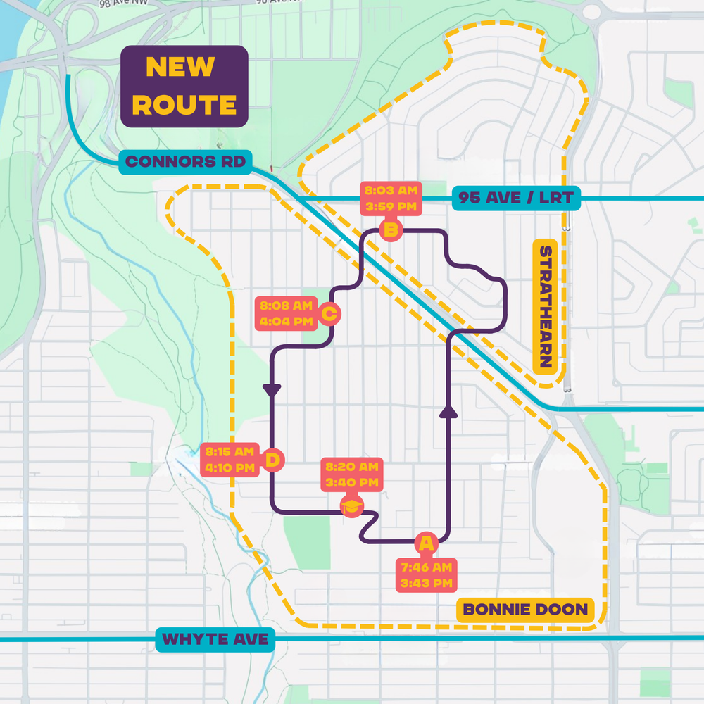 Map of the current 2026/2027 Rutherford bike bus route with five meeting zones, with the northern loop and the Connors Road crossing removed.