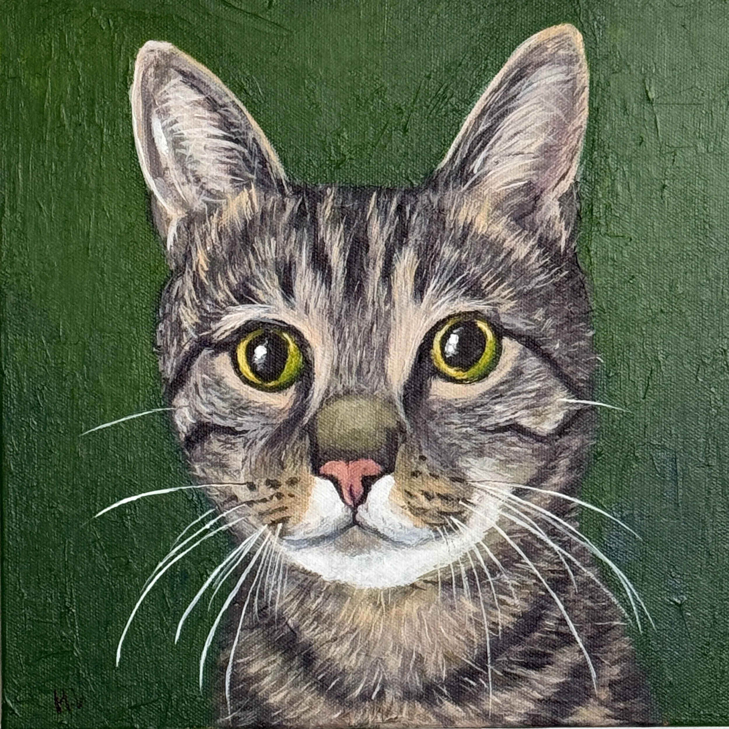 Painting of a tabby cat with yellow eyes, pink nose, and detailed fur, set against a green background.