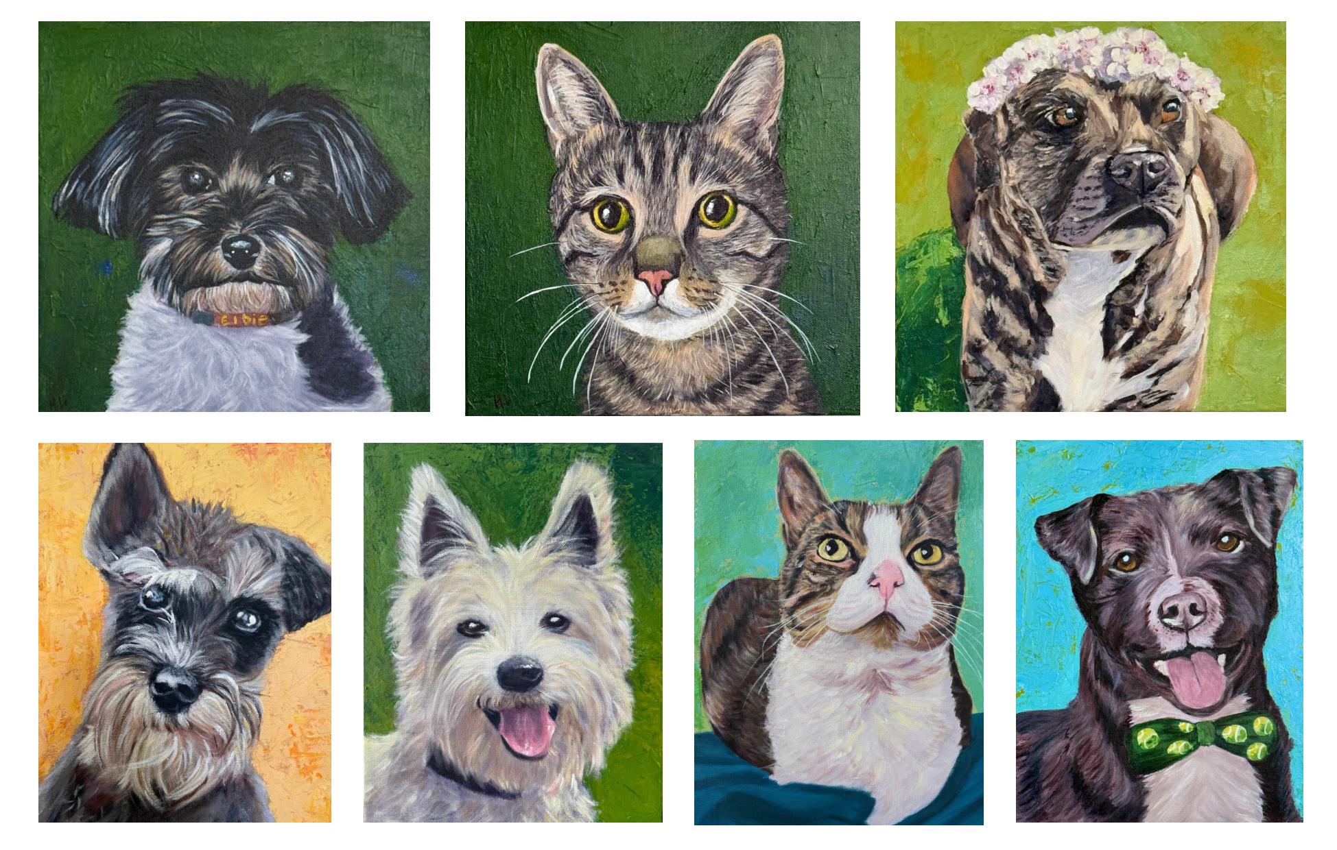 Collection of eight colorful pet portrait paintings, including dogs and cats, each with vibrant backgrounds.